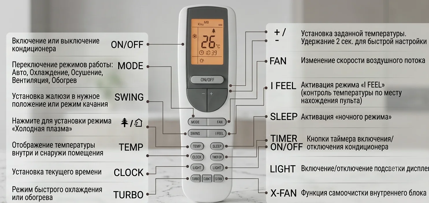 Пульт кондиционера с подписанными кнопками управления: Mode, Temp, Fan, Swing, Timer