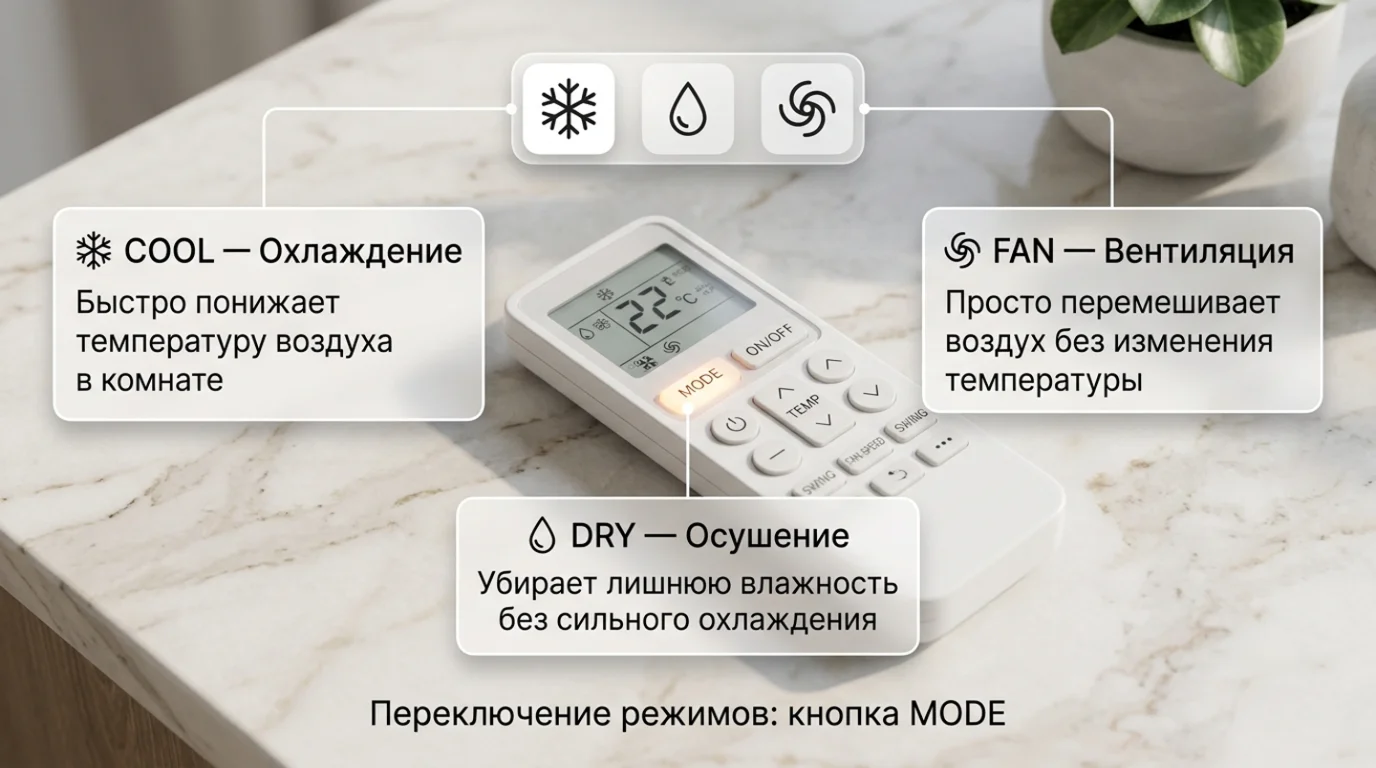 Значки режимов Cool, Dry и Fan на дисплее кондиционера с расшифровкой